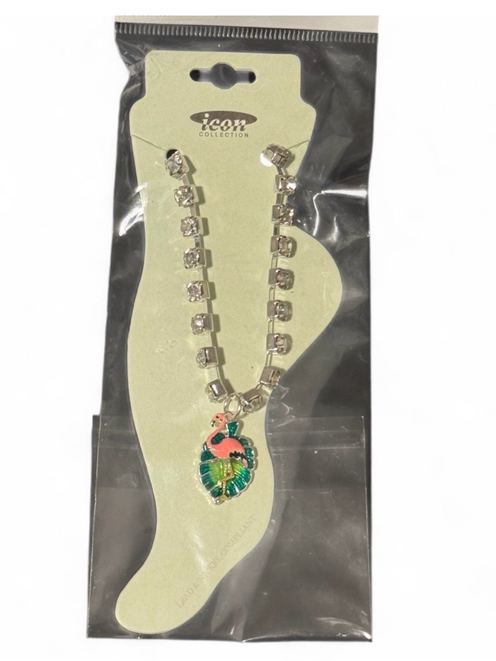 Rhinestone Style Anklet with Pink Flamingo and Green Leaf Charm